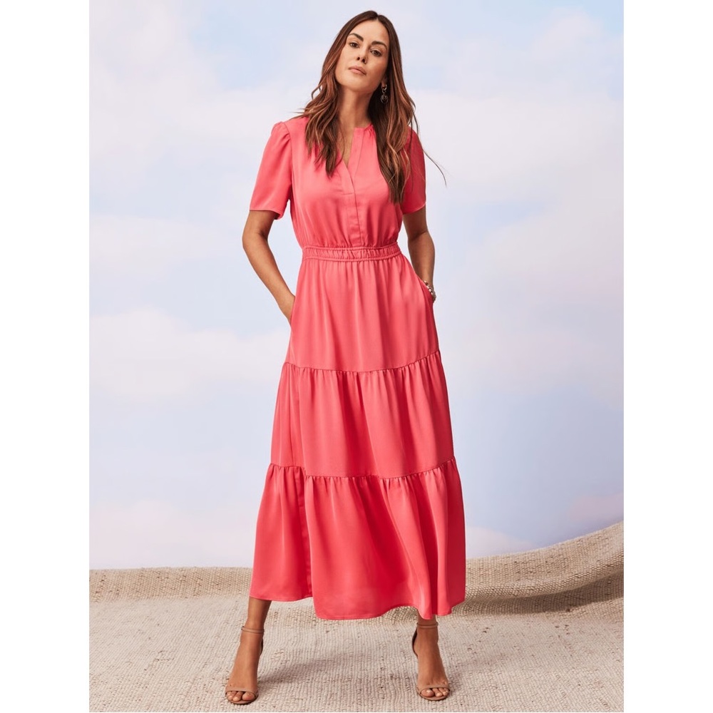 Nic + Zoe Daydream Short Sleeve Tiered Maxi Dress NWT Coral XS